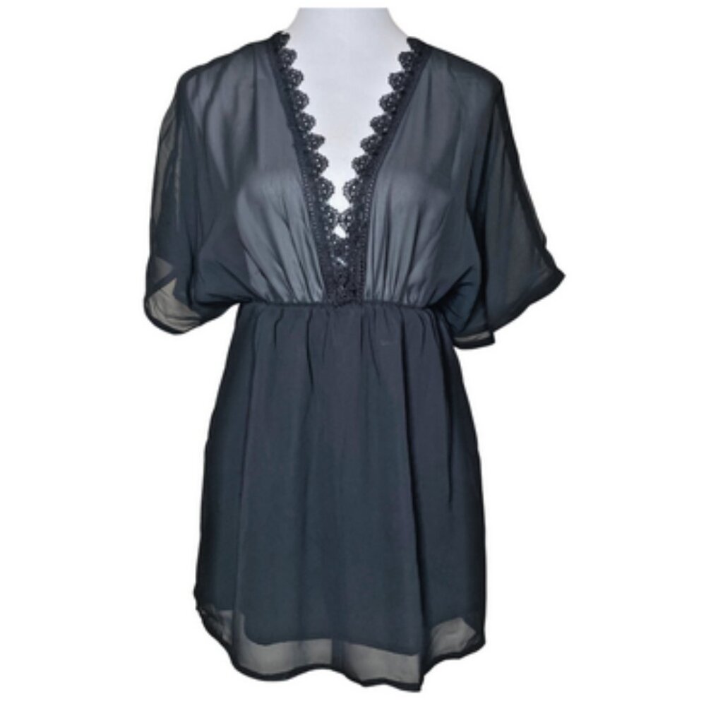 NWT Romwe Black Chiffon Lace Trim Deep V-Neck Tunic Mini Dress S Goth Cottage